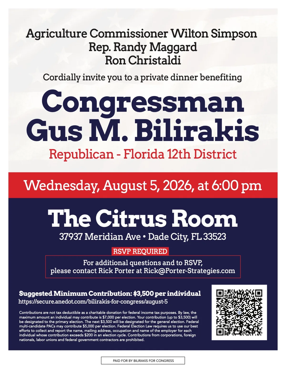 Congressman Gus Bilirakis Pasco Dinner invitation