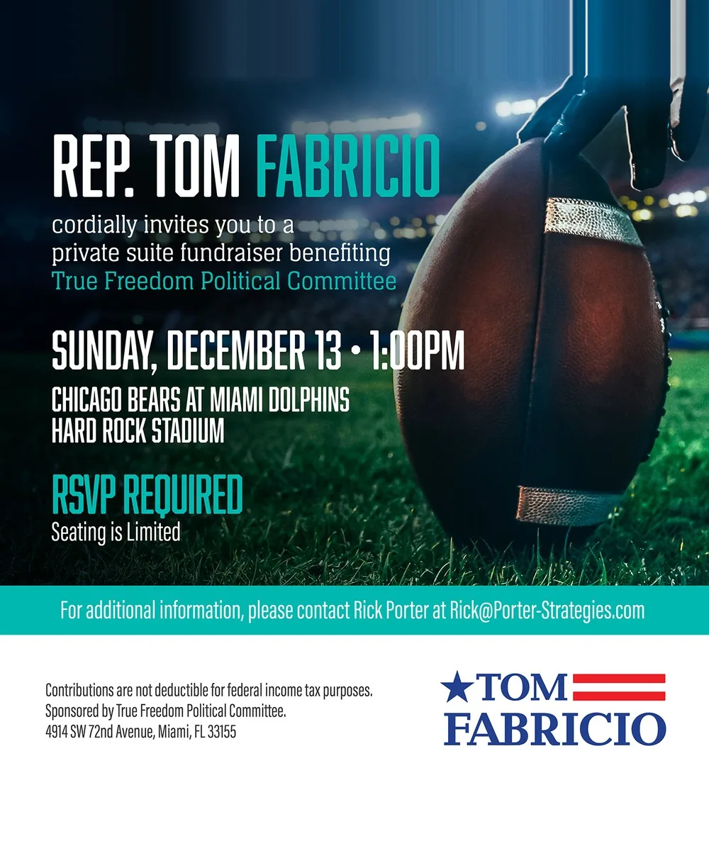 Rep. Tom Fabricio Miami Dolphins Suite Fundraiser invitation