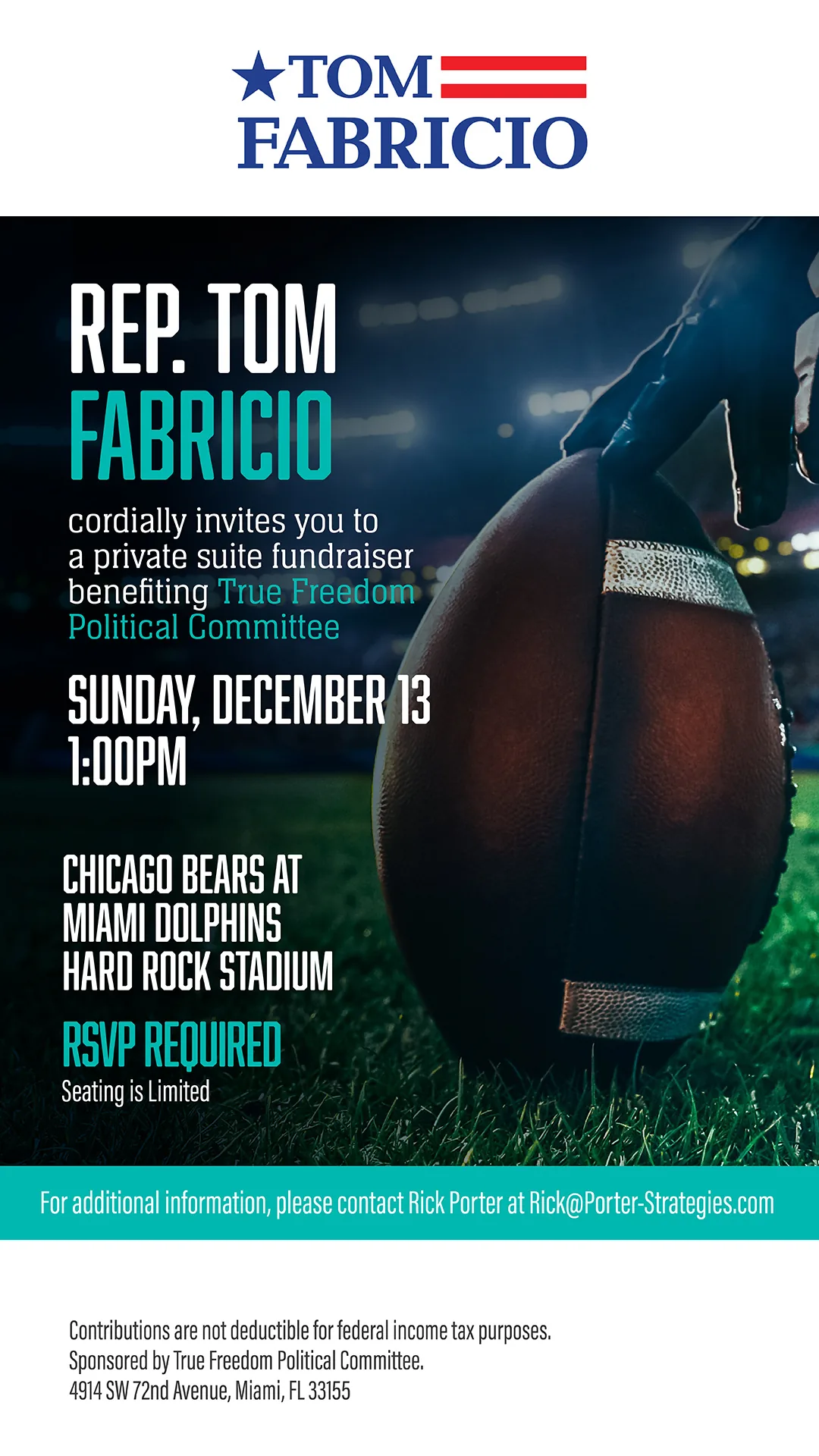 Rep. Tom Fabricio Miami Dolphins Suite Fundraiser invitation